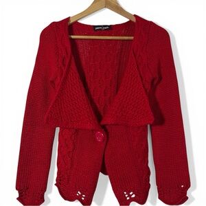 90s Pierre Cardin Red Open-Front Knit Cardigan with Scalloped Edge